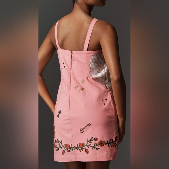 Anthropologie Embroidered Mini Cotton Dress.  Swans On The Front - Picture 4 of 13